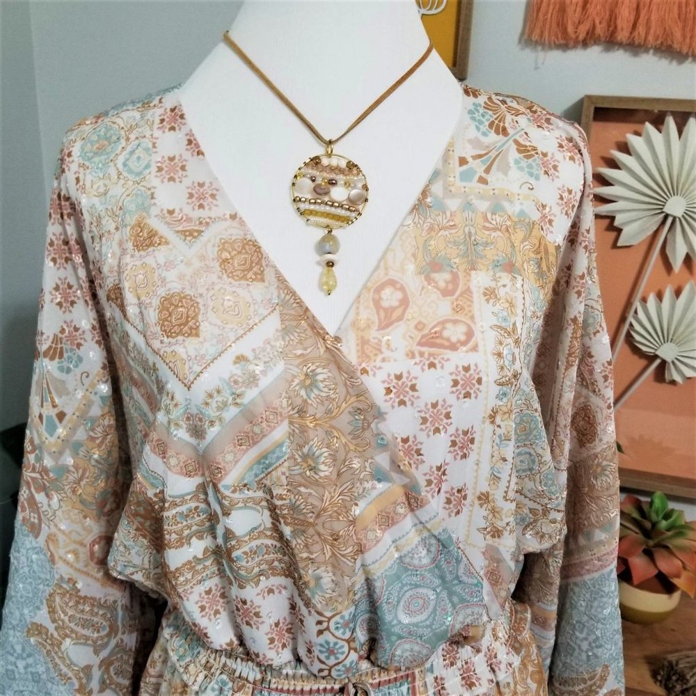 Dress. Aqua Tan Cream Gold. Paisley Floral Print. Peach Love Brand. Size L. NWT. - Picture 3 of 13